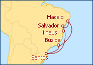 Ver o roteiro do Cruzeiro Brasil - Santos, B�zios, Macei�, Salvador, Ilhe�s, Santos