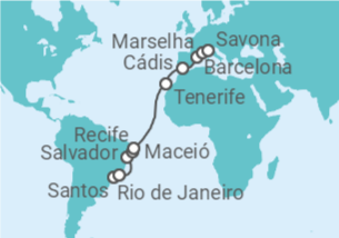 Itinerário do Cruzeiro  De Santos a Savona (Itália) - Costa Cruzeiros