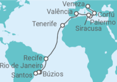 Itinerário do Cruzeiro  De Veneza (Marghera) a Santos - 2025 - MSC Cruzeiros